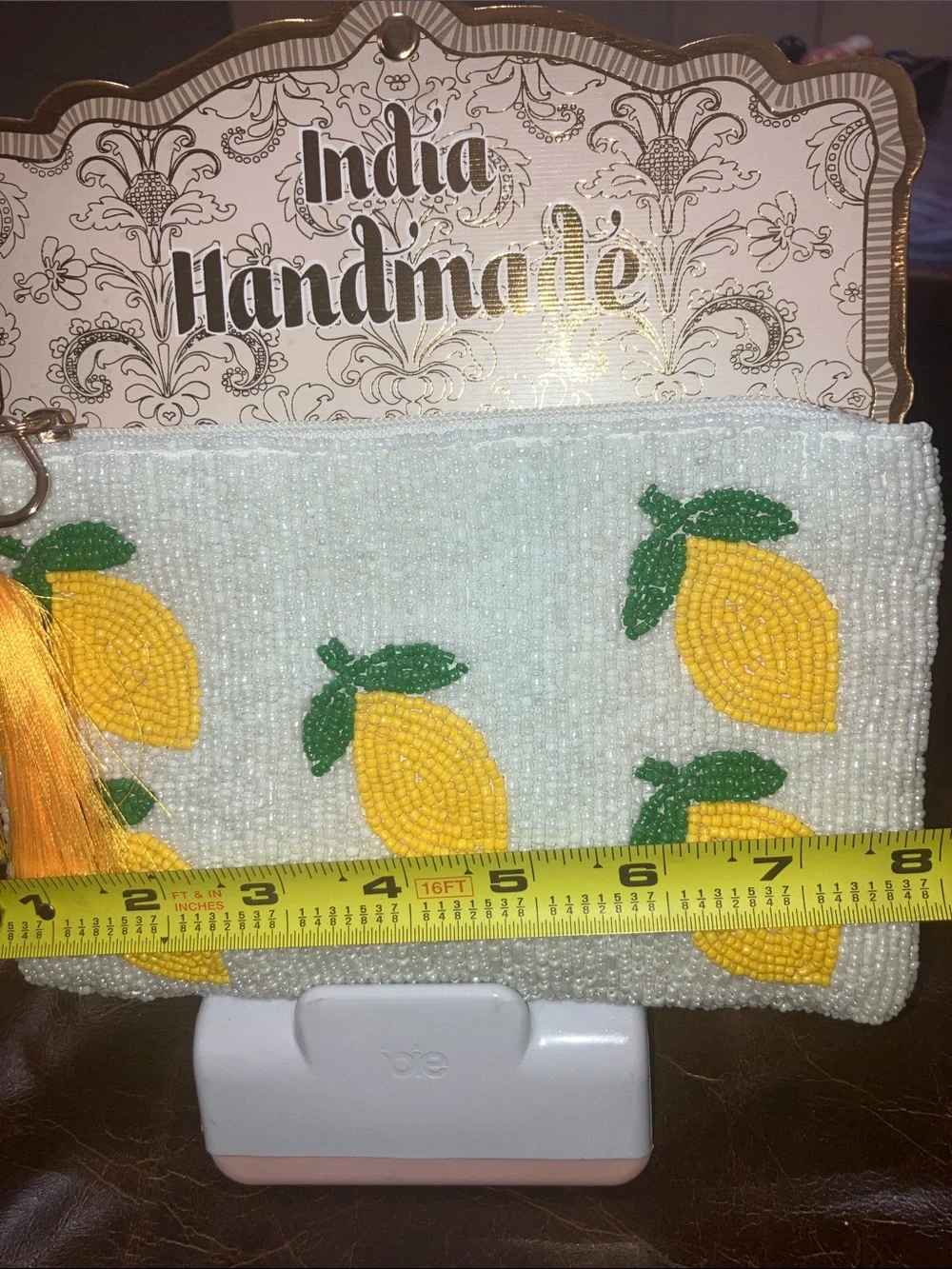 India Handmade Beaded Lemon Clutch with Tassel NWT